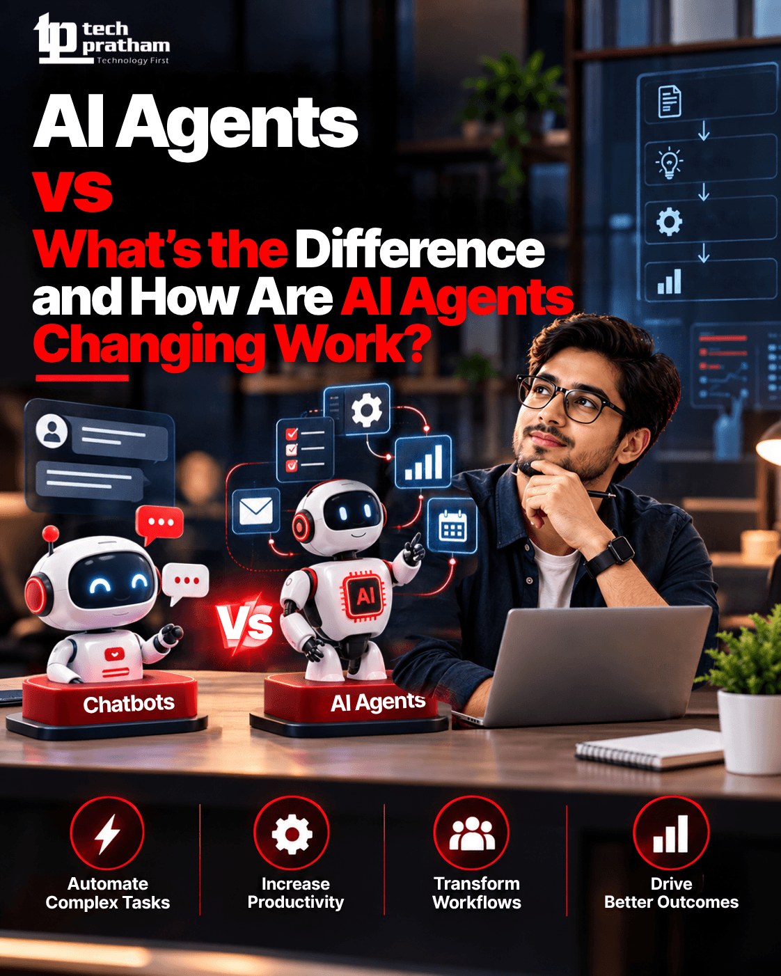 AI agents vs chatbots showing differences in task automation, productivity and business workflows