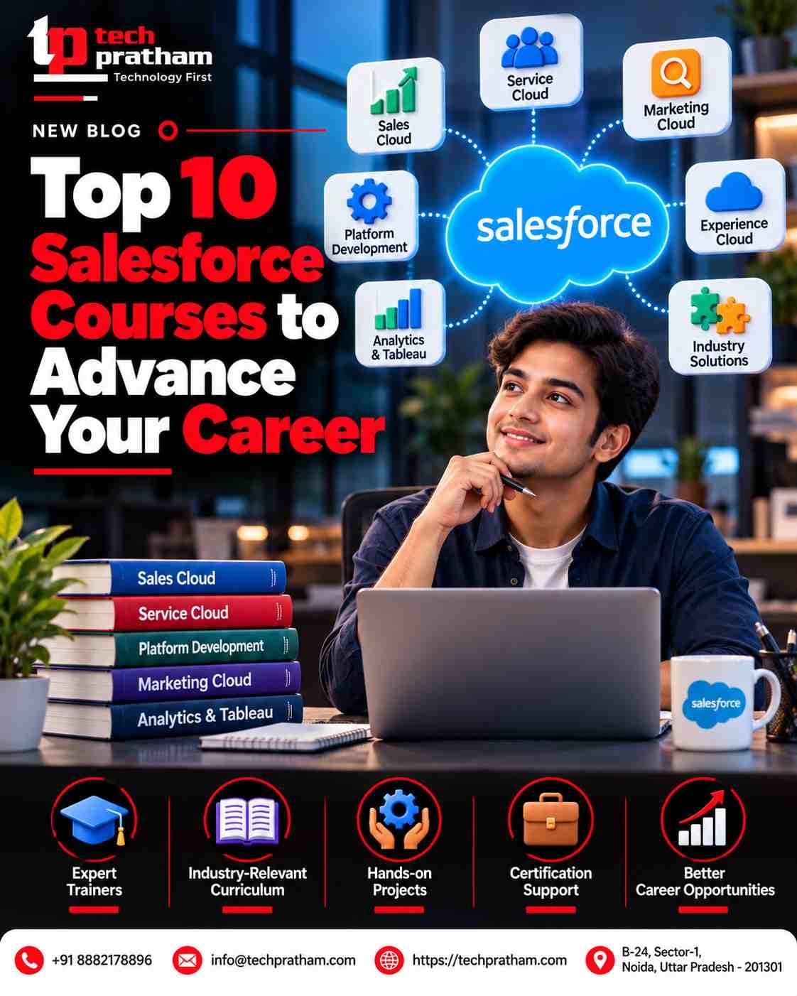 Top 10 Salesforce courses to advance your career, including Salesforce Admin, Developer, Data Cloud, and other in-demand training options for building technical skills and exploring career opportunities.