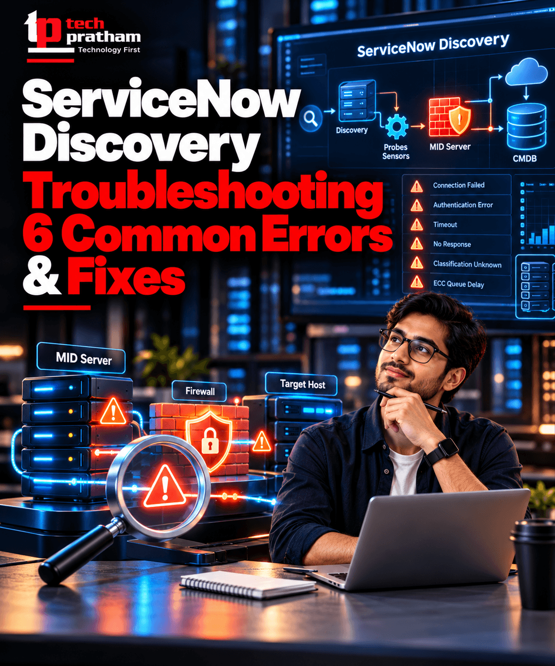 ServiceNow Discovery troubleshooting guide covering six common errors, MID Server issues, network connectivity, credentials, and CMDB fixes